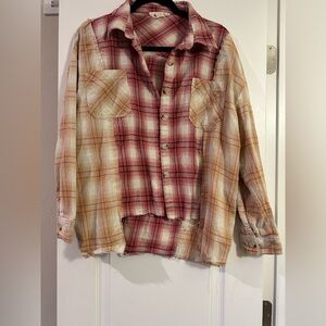 Peach Love women’s Plaid Button-Up Shirt with frayed hem and edges throughout
